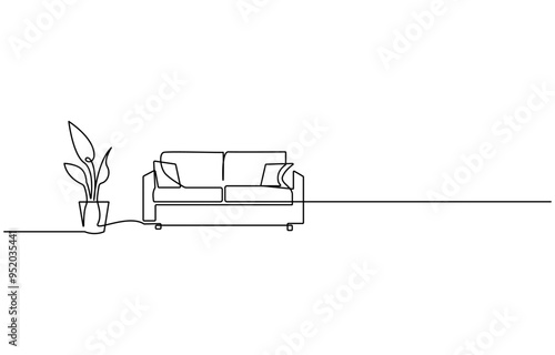 Continuous one line drawing of couch or sofa with lamp and potted plant. Modern furniture simple linear 