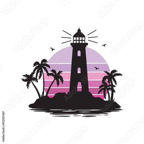 lighthouse and pink sunset vector silhouette. palm landscape with lighthouse vector silhouette