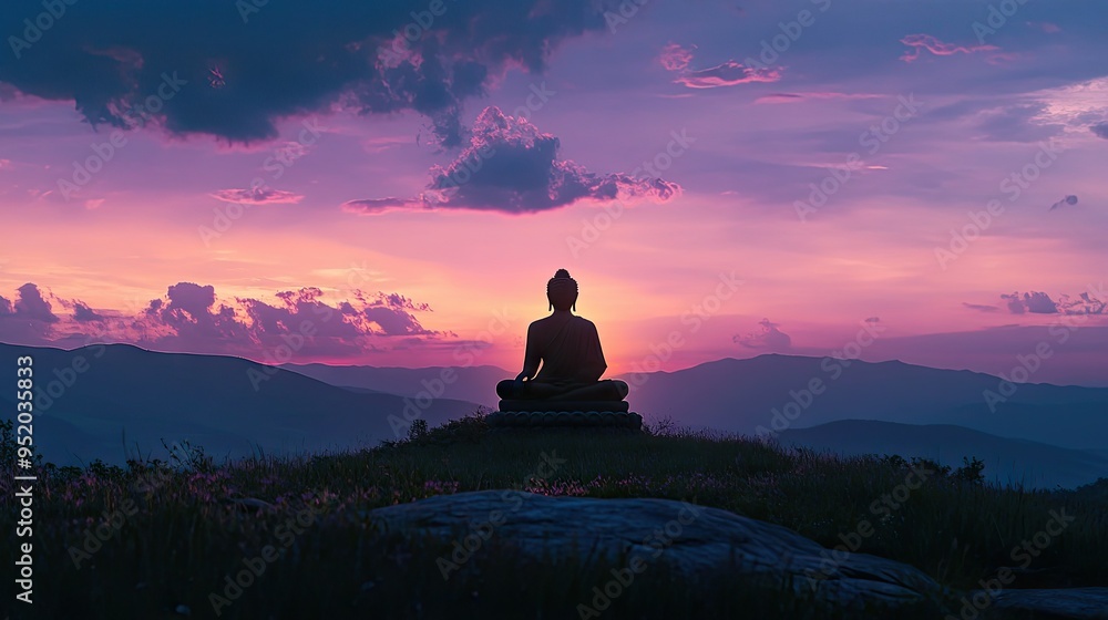 Fototapeta premium A panoramic view of a Buddha silhouette on a hilltop during twilight, with soft, ambient light creating a serene