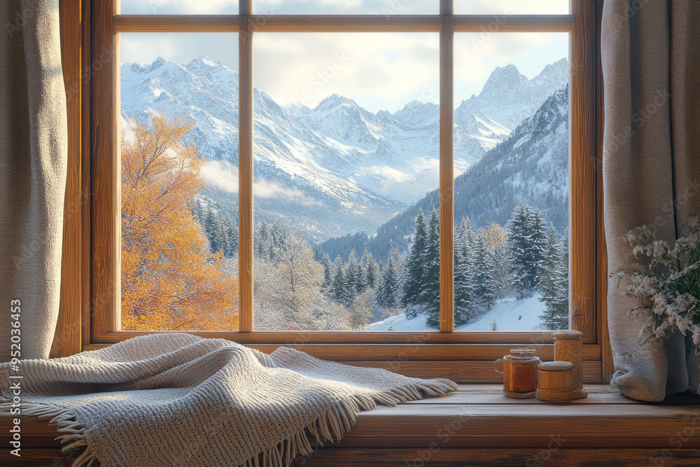 A cozy cabin window with a view of snowy mountains and a warm blanket on the sill, isolated on a pastel beige background, A cozy cabin window with a view of snowy mountains and a warm blanket on the sill, isolated on a pastel beige background,