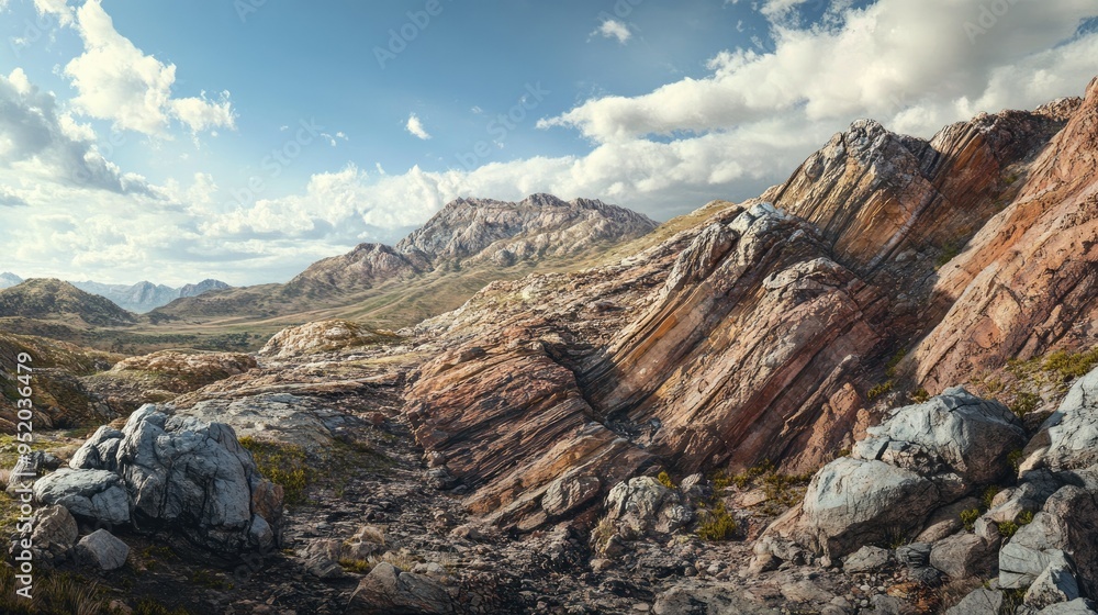 Obraz premium A panoramic view of a rugged mountain range with visible rock strata and geological formations, highlighting the exposed Earth's crust in a natural setting. -