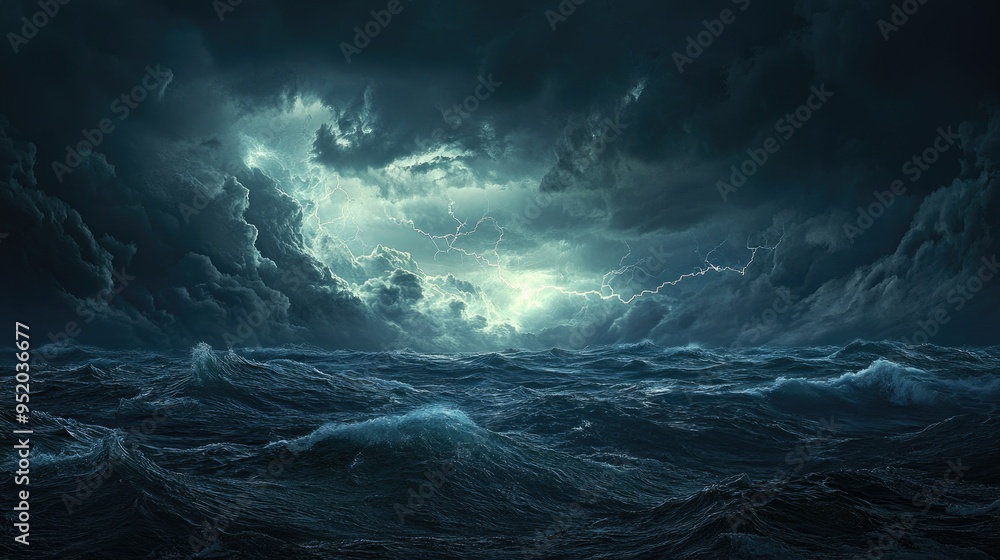A panoramic view of a stormy sea with lightning illuminating the dark clouds, creating a dramatic and electrifying contrast between the storm and the ocean A panoramic view of a stormy sea with lightning illuminating the dark clouds, creating a dramatic and electrifying contrast between the storm and the ocean