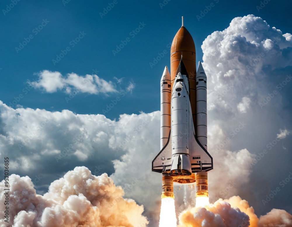 Fototapeta premium Modern space rocket in beautiful cloudy sky. Ai generated image