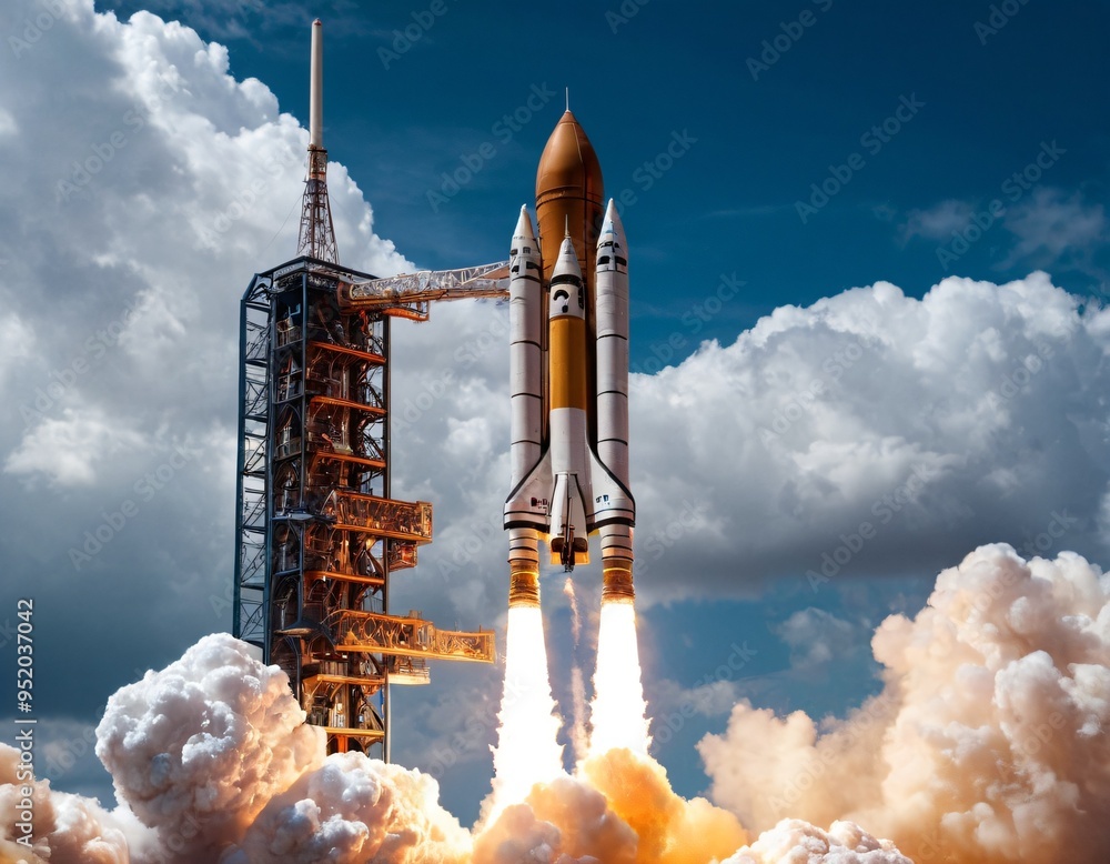 Fototapeta premium Modern space rocket in beautiful cloudy sky. Ai generated image