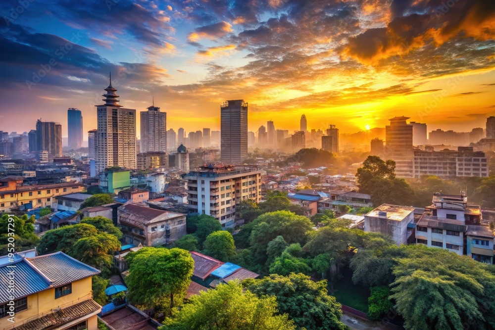 Obraz premium Atmospheric Dawn Urban Cityscape LowRise Buildings Historical Landmark Architecture Urban Renewal Metropolis Urban Jungle Morning Calm