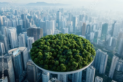 Circular forest platform above city skyline. Urban green space concept. Low carbon city visualization. Design for sustainable urban development and environmental balance initiatives photo