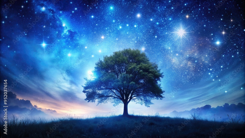 starry night sky postcard design featuring a magical silhouette of a tree and a peaceful forest landscape with a dreamy romantic atmosphere and deep blues starry night sky postcard design featuring a magical silhouette of a tree and a peaceful forest landscape with a dreamy romantic atmosphere and deep blues
