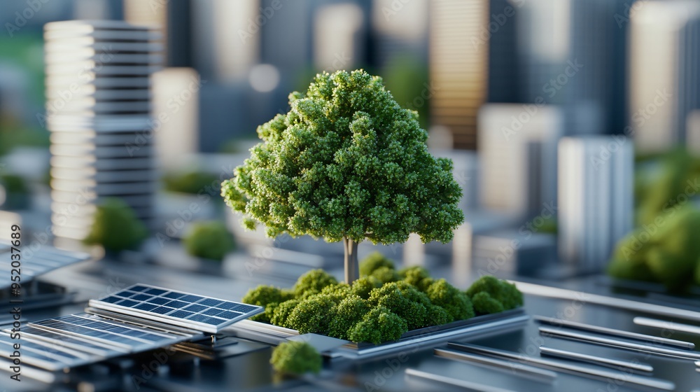 Green tree on urban rooftop with solar panels. Sustainable city development concept. Low carbon urban planning visualization. Design for environmental awareness and green architecture initiatives Green tree on urban rooftop with solar panels. Sustainable city development concept. Low carbon urban planning visualization. Design for environmental awareness and green architecture initiatives