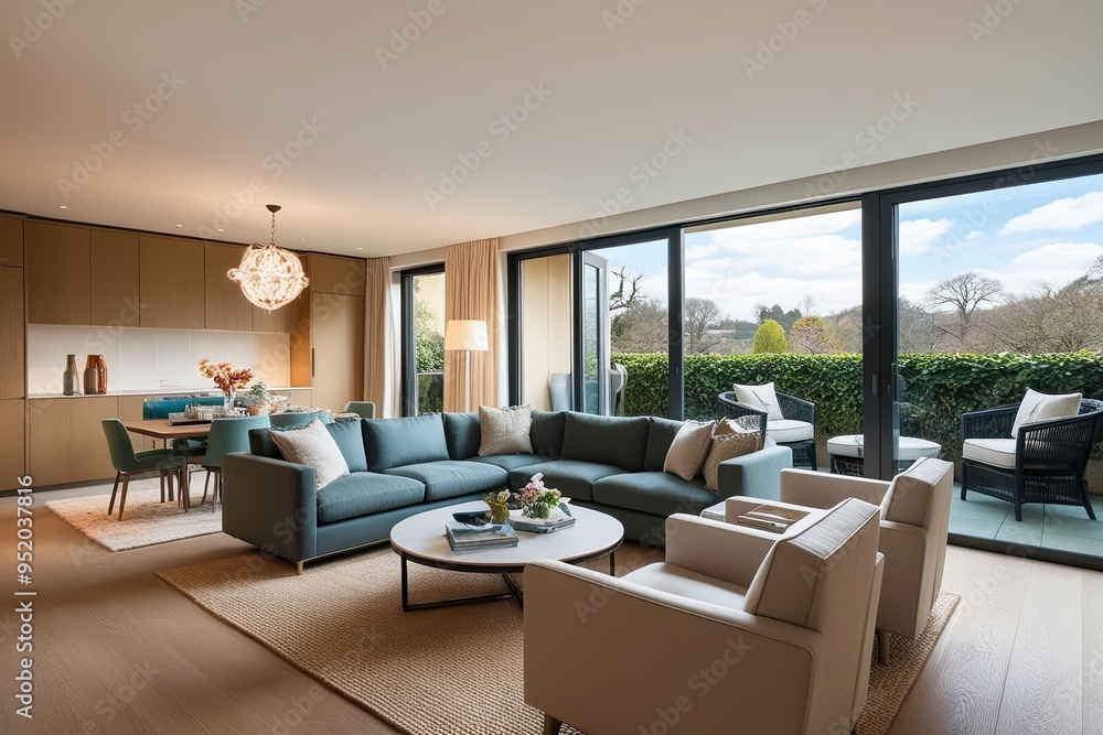 Fototapeta premium Luxe Apartment with Bright Living Space and Panoramic Garden Views