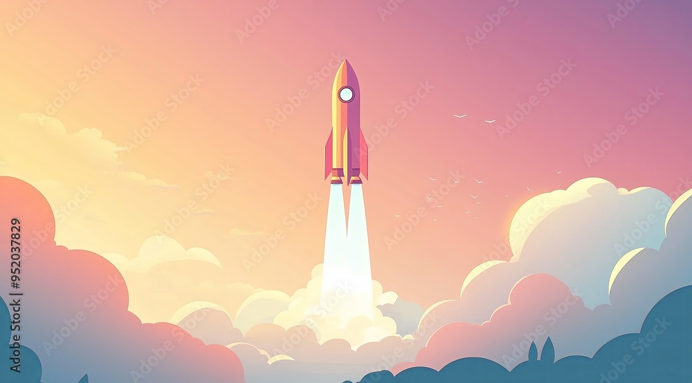 Fototapeta premium Startup Progress Concept Visual with Rocket Lift Off Representing Continuous Improvement and Business Momentum