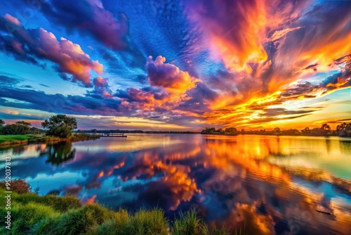 vibrant colorful lake nona sunset bold dramatic sky blue orange pink purple hues lively energetic dynamic movement photo