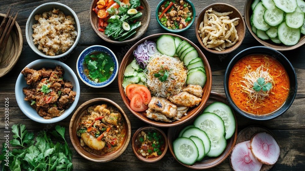 A top-down shot of with a variety of side dishes including sliced cucumbers, tomatoes, and pickled radish, showcasing a complete and flavorful Thai breakfast spread. A top-down shot of with a variety of side dishes including sliced cucumbers, tomatoes, and pickled radish, showcasing a complete and flavorful Thai breakfast spread.