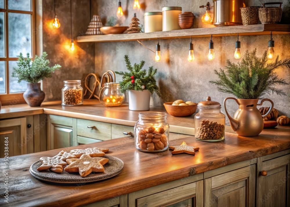 Fototapeta premium rustic country kitchen frosted gingerbread cookies vintage ceramic jars distressed wooden countertops worn copper accents warm golden lighting cozy atmosphere