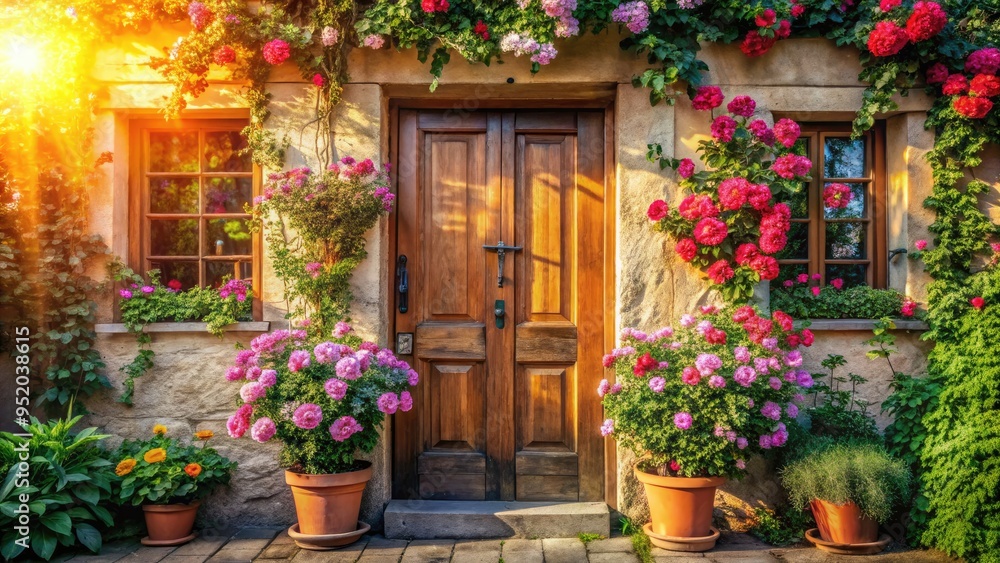 Fototapeta premium airy morning sunlit rustic wooden front door with blooming flowers clip art in soft warm pastel hues conveying cozy welcoming atmosphere