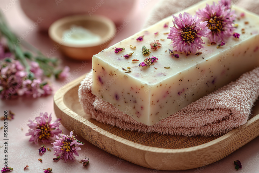 A handmade soap bar with dried flowers embedded, placed on a wooden tray with a soft towel beside it, isolated on a pastel pink background, A handmade soap bar with dried flowers embedded, placed on a wooden tray with a soft towel beside it, isolated on a pastel pink background,