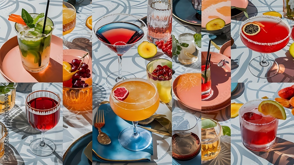 Photo collage Cocktails and alcoholic drinks. Top view. Photo collage Cocktails and alcoholic drinks. Top view.
