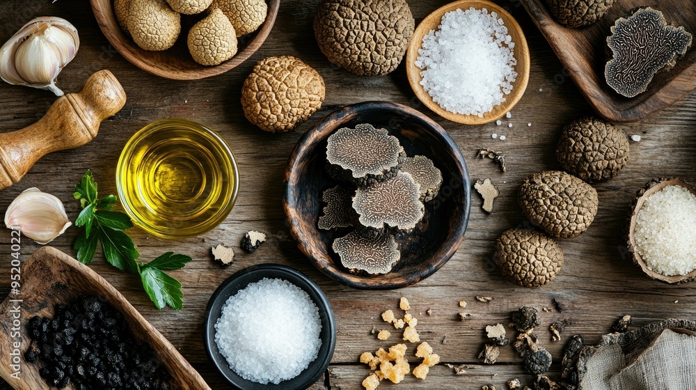 A top-down view of a rustic wooden table with a variety of truffle-based products, such as truffle oil, truffle salt, and whole truffles, showcasing their culinary applications. - A top-down view of a rustic wooden table with a variety of truffle-based products, such as truffle oil, truffle salt, and whole truffles, showcasing their culinary applications. -