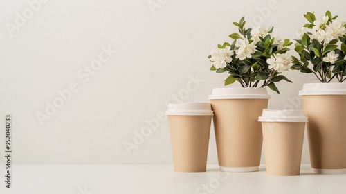 Wallpaper Mural Coffee Break with Nature: A minimalist still life featuring four disposable coffee cups arranged in ascending size, with a potted white flower symbolizing a refreshing break and a touch of nature.  Torontodigital.ca