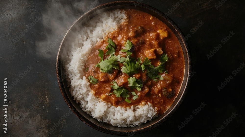 A top-down view of a steaming bowl of hot rice with a flavorful curry sauce, steam curling above the dish, emphasizing the richness and warmth of the meal. A top-down view of a steaming bowl of hot rice with a flavorful curry sauce, steam curling above the dish, emphasizing the richness and warmth of the meal.