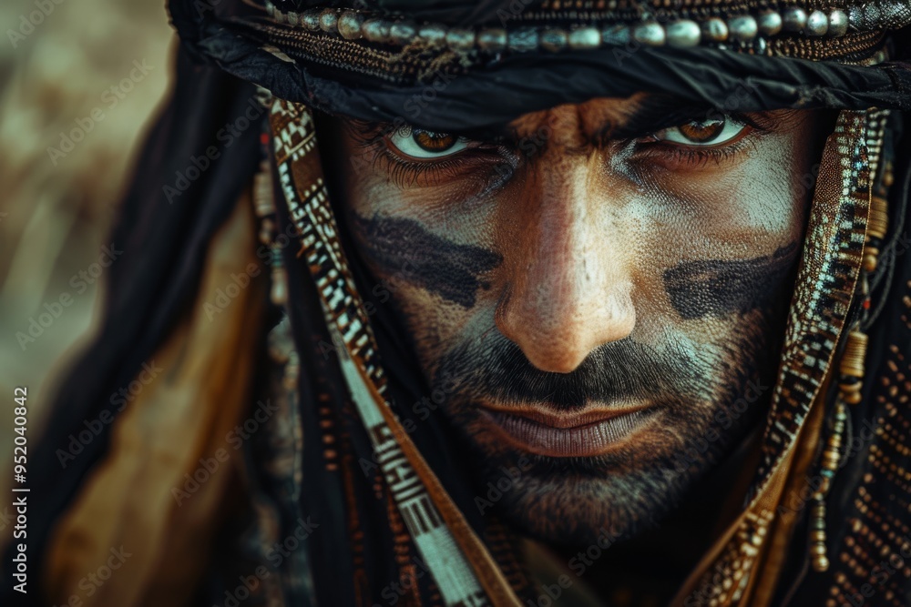 A close-up of a man with intense, piercing eyes, adorned in traditional warrior attire with dark face paint and intricate headgear, exuding strength and determination. A close-up of a man with intense, piercing eyes, adorned in traditional warrior attire with dark face paint and intricate headgear, exuding strength and determination.