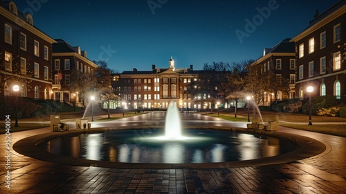 Night view of a famous university campus with illuminated buildings, walking paths, and a central fountain photo