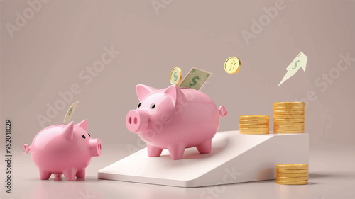 piggy bank and coins. Pay day concept, piggy bank receiving payday deposit, savings growth, 3D illustration. Pay day background, pile of gold coins with payday text overlay, financial success, 3D.