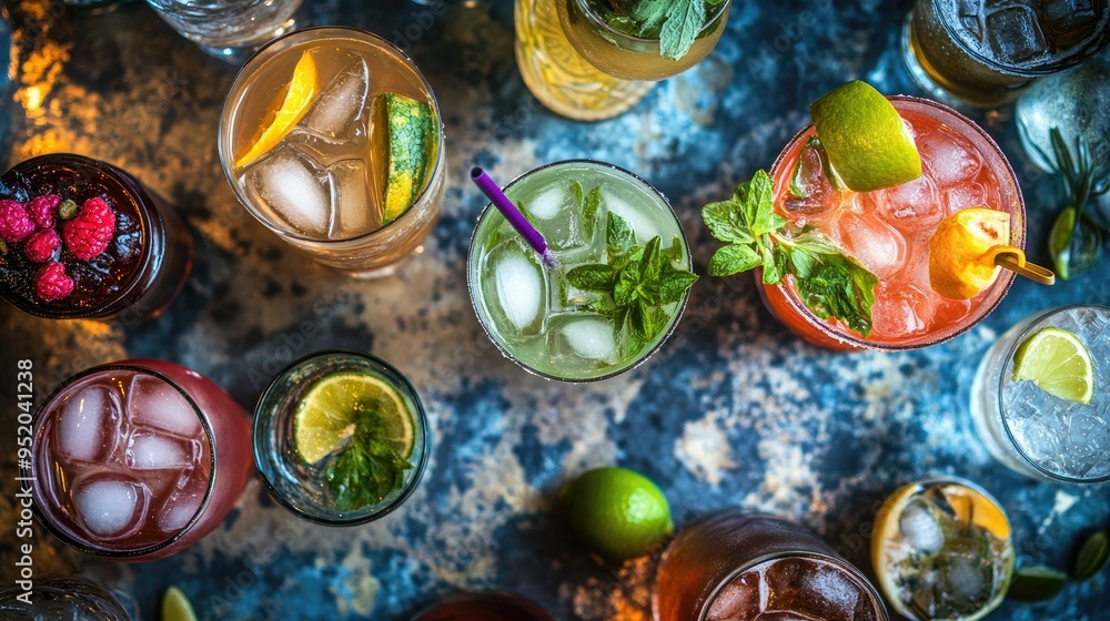 Fototapeta premium A top-down view of an assortment of popular cocktails on a bar counter, including mojitos, margaritas, and martinis, with garnishes and colorful decorations. -