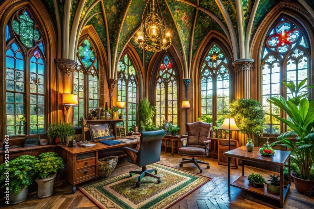 Fototapeta premium Whimsical bohemian office decor blends with intricate Gothic cathedral architecture
