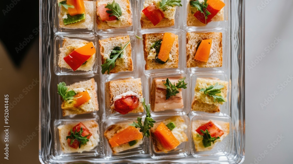 A top-down view of floating appetizers like mini sandwiches and cheese cubes on a serving tray with a layer of clear gel, creating an elegant presentation. A top-down view of floating appetizers like mini sandwiches and cheese cubes on a serving tray with a layer of clear gel, creating an elegant presentation.