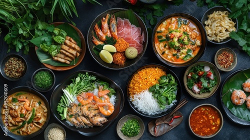 Wallpaper Mural A vibrant Thai feast featuring a variety of bowls with different colors and textures, presented alongside traditional Thai dishes and garnished with fresh herbs. Torontodigital.ca