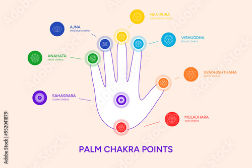 Palm chakra points. Chakras on a hand palm infographic vector illustration. Chakra system information with names, titles, line art symbol icons