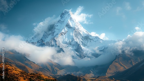 Clouds swirling around the peak of a snow-capped mountain