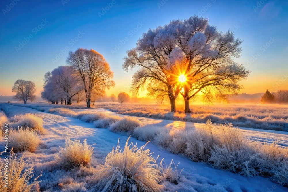 Naklejka premium luminous glow morning frosty landscape