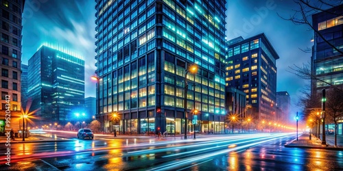futuristic neon nocturne highrise downtown washingtondc metropolitan city lights blurred motionfast paced urban dynamic modern contemporary sleek minimalist moody atmospheric misty night air