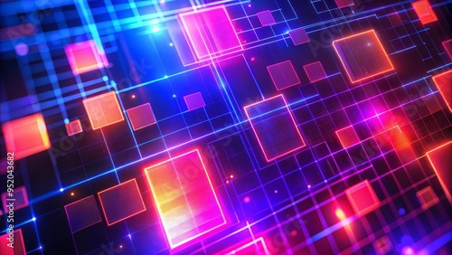 A dynamic and vibrant digital artwork featuring an array of neon-colored rectangles and squares in various sizes, overlaying a dark grid-like background.