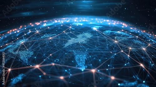 Global contacts web technology concept with interconnected network nodes and data streams. Interface showing worldwide technology connections and digital links.