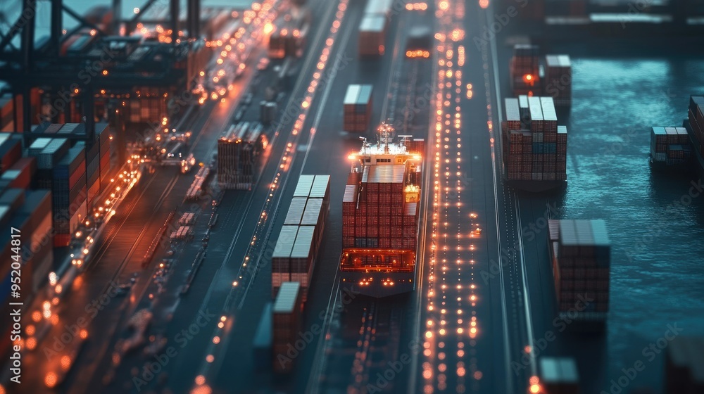 Industrial logistics network with container cargo ship and trucks. Visualizing smart transportation and distribution growth in a modern, connected environment. Industrial logistics network with container cargo ship and trucks. Visualizing smart transportation and distribution growth in a modern, connected environment.