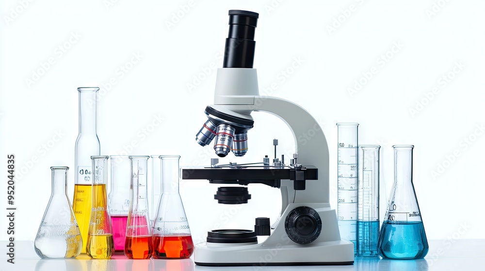 Isolated microscope on a white background with a backdrop of test tubes and biochemistry apparatus. Great for illustrating advanced medical research and lab environments. Isolated microscope on a white background with a backdrop of test tubes and biochemistry apparatus. Great for illustrating advanced medical research and lab environments.