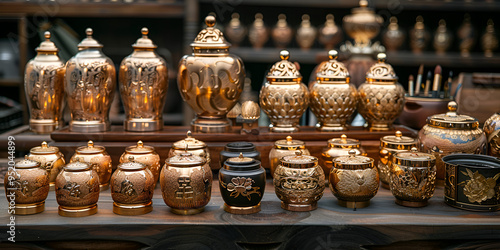  a collection of traditional Chinese ornaments displayed on a wooden table. There are several large, ornate jars with lids and handles, arranged in a row.