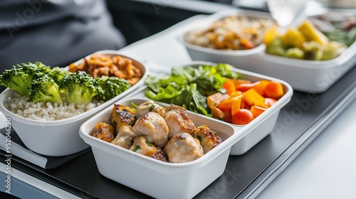 Airline Meal: A diverse selection of healthy and delicious meals, meticulously presented in airline-style containers, ready for a satisfying in-flight dining experience.  