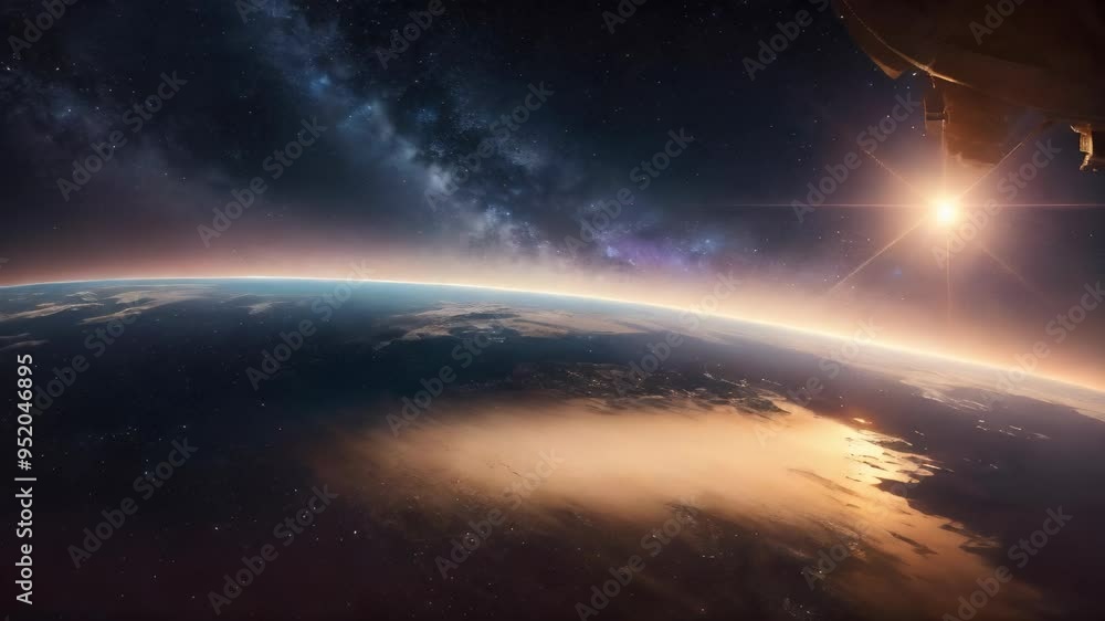 Space Journey: Earth Sunrise with Milky Way Galaxy Space Journey: Earth Sunrise with Milky Way Galaxy
