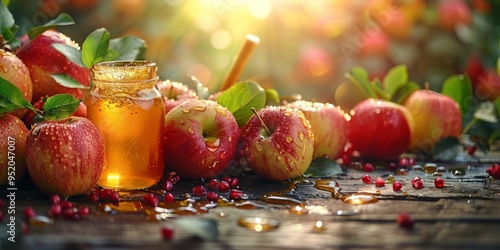 Rosh Hashanah food background, Traditional Jewish food, Rosh Hashanah apples in honey top view shot. Shana Tova, Happy Jewish New Year, Jewish holiday, Rosh Hashana template