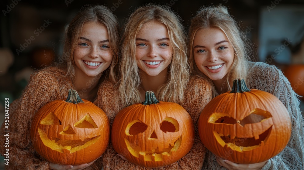 Three joyful young women with wide smiles holding creatively carved pumpkins, celebrating Halloween together in a festive environment Three joyful young women with wide smiles holding creatively carved pumpkins, celebrating Halloween together in a festive environment