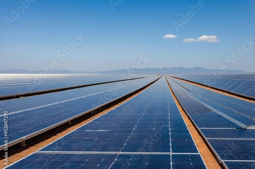 Solar panels in vast desert landscape