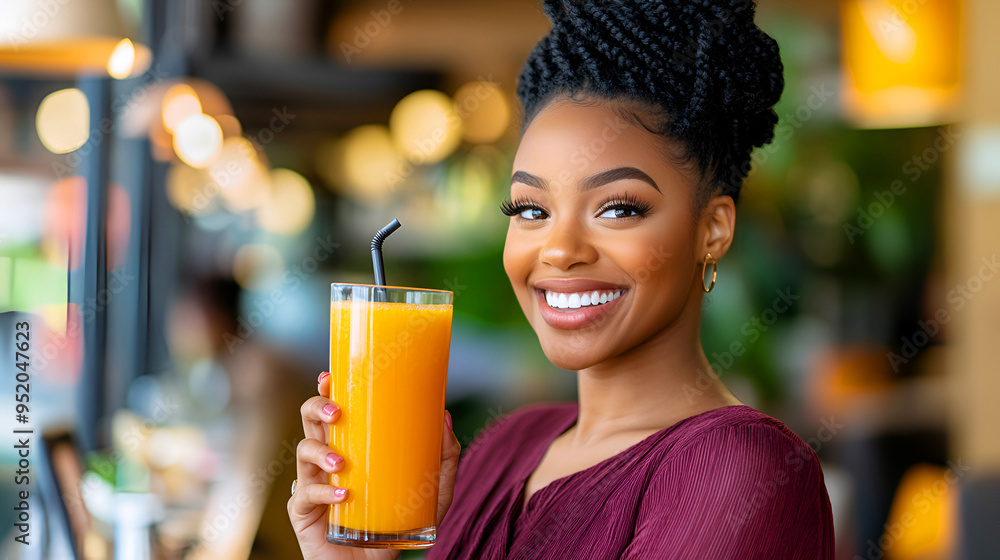 Young smiling African woman in maroon blouse drinks fresh orange juice in a vegan cafe, showcasing a refreshing and healthy drink. Copy space. Young smiling African woman in maroon blouse drinks fresh orange juice in a vegan cafe, showcasing a refreshing and healthy drink. Copy space.