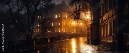 A foggy, lamplit street in a European city. photo