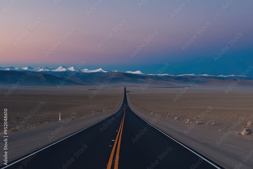 Fototapeta premium Expansive Road Journey Through Vacant Valleys and Peaks Under a Dusk Sky