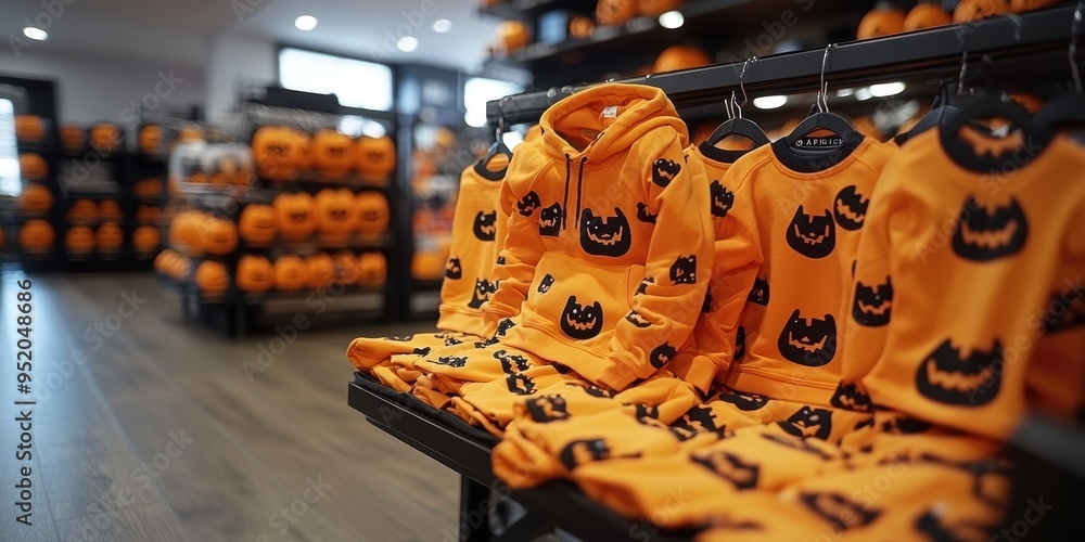 Fototapeta premium A festive Halloween retail store interior featuring bright orange hoodies adorned with black pumpkin designs, lined up neatly on display shelves