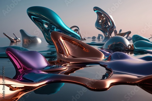 Futuristic Chromatic Shapes Pooling with Melting Liquid Metal Artifacts and Glimmering Reflections photo