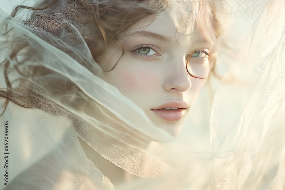 A Woman's Face Partially Hidden by Sheer Fabric A Woman's Face Partially Hidden by Sheer Fabric